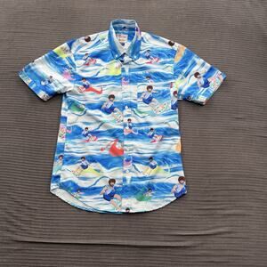 RSVLTS Bob Ross Shirt Mens Small Blue Surfer Waves Button Up‎ Art Print Casual